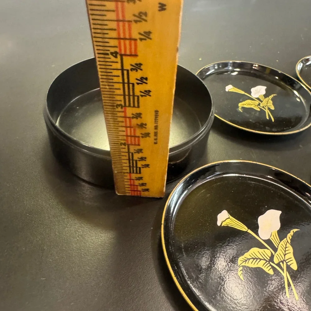 Asahi Coaster Set Vintage Black Calla Lily Floral Lacquerware Japan  No Lid